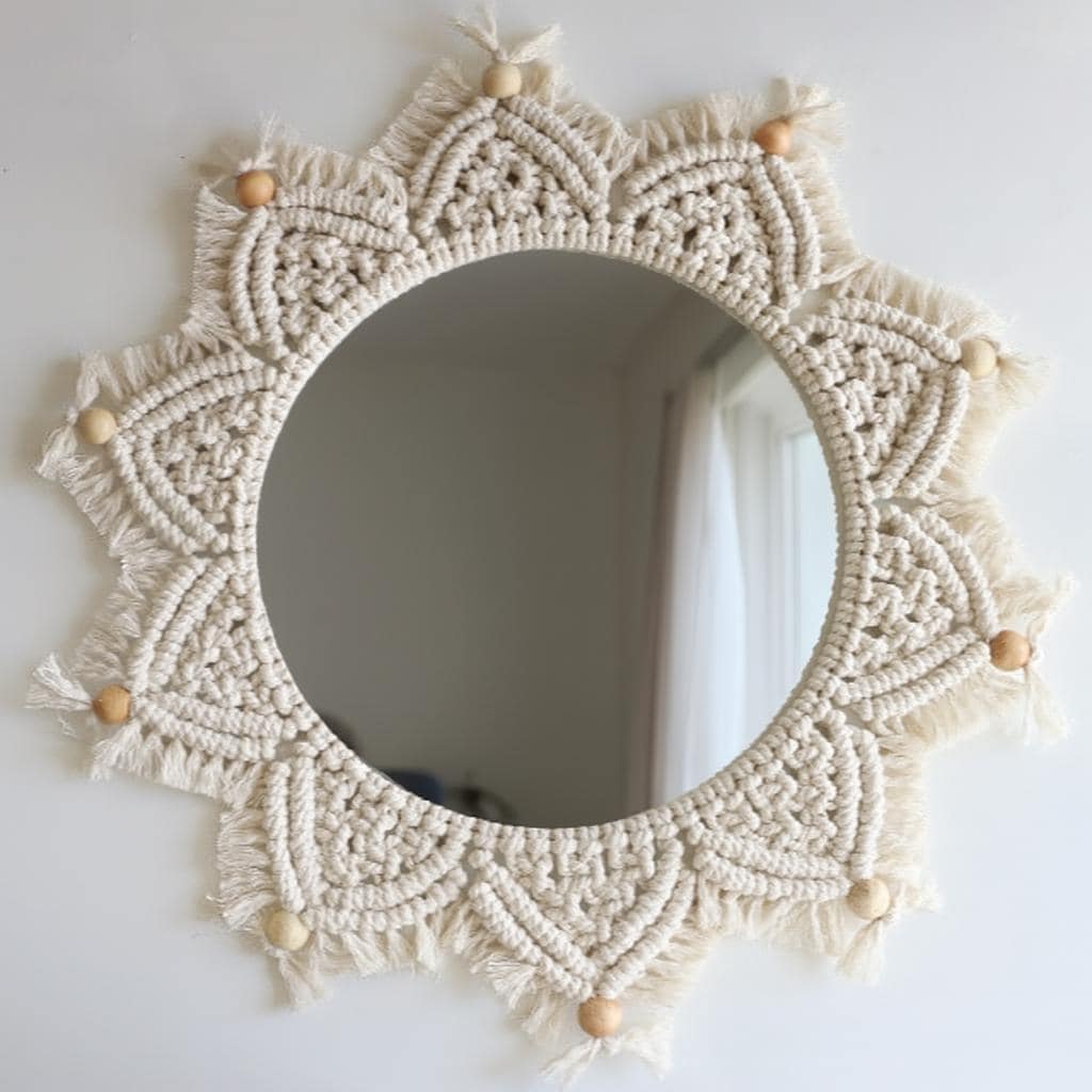 Handmade Boho Macrame Mirror – Mandala Wall Hanging with Beads – Neutral Round Fringe Mirror for Bohemian Home Decor