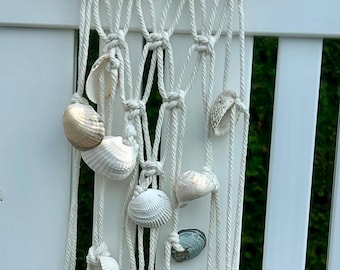 Coastal Macrame Wall Hanging, Driftwood Seashell Decor, Boho Beach House Art