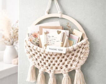 Organizador de pared de macramé hecho a mano, decoración de cesta bohemia