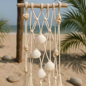 May include: A macrame wall hanging featuring a wooden dowel, cream-colored rope, and decorative elements. The design incorporates white seashells and small, beige stone-like objects, creating a coastal, bohemian aesthetic. The background suggests a beach setting.