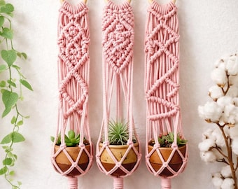 Juego de 3 colgadores de macramé para plantas, decoración de pared bohemia rosa