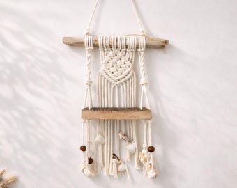 Estantería de pared de macramé, decoración costera de madera flotante, organizador colgante estilo bohemio (25 cm)