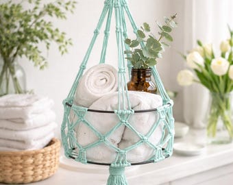 Cesta organizadora colgante de macramé anudada a mano – Almacenamiento de pared de algodón estilo bohemio – Detalle de borla menta