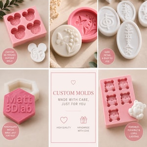 May include: A collection of pink silicone molds for crafting, featuring various shapes including Mickey Mouse heads, butterflies with flowers, oval shapes with text, and teddy bears holding hearts. The text reads CUSTOM MOLDS MADE WITH CARE, JUST FOR YOU.