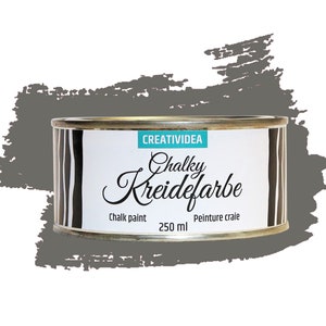 Może przedstawiać: Szara puszka farby kredowej z etykietą "Creatividea Chalky Kreidefarbe" i tekstem "Chalk paint 250 ml Peinture craie".