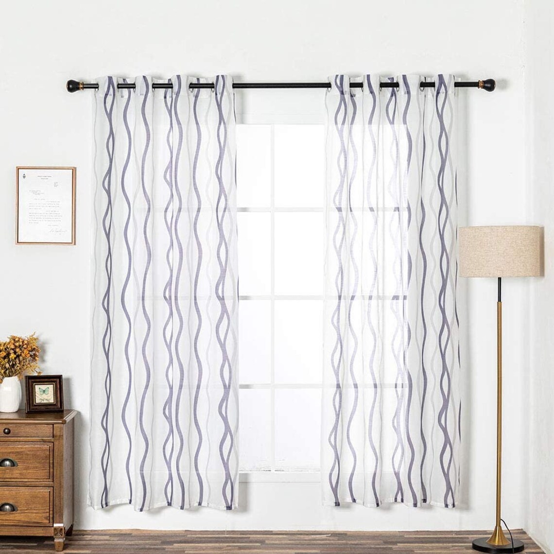 1 Pair Luxurious Wave Print Woven Sheer Curtains with Grommets Etsy