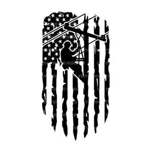 May include: Black and white graphic of an American flag with a silhouette of a lineman working on a power line. The flag design incorporates stars and stripes, with the lineman positioned within the flag's design. The text "SVG MONSTER" is visible.