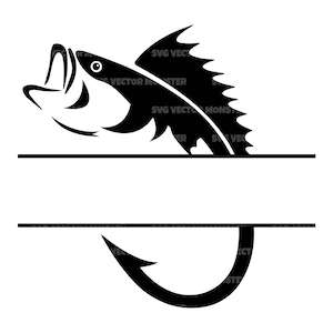 Monograma de anzuelo de pesca SVG, pesca de lubina svg, marco de nombre dividido svg, pescador svg. Archivo de corte vectorial Cricut, Silueta, Pdf Png Eps Dxf.