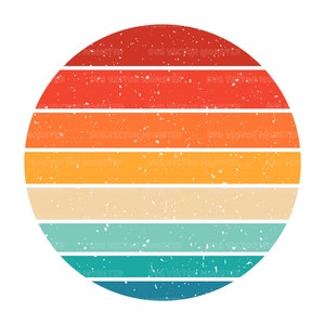 May include: A retro-style sun graphic with a distressed, vintage look. The sun is made up of horizontal stripes in shades of red, orange, yellow, beige, blue, and green.