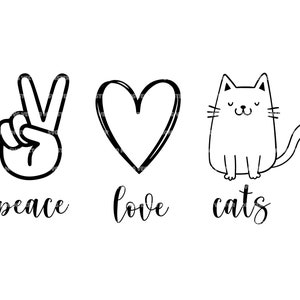Paix, Amour, Chats Svg. Chat de dessin animé Svg. Fichier de coupe vectorielle pour Cricut, Silhouette, Pdf Png Eps Dxf, Décalcomanie, Autocollant, Vinyle, Épingle