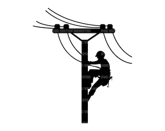 Op de afbeelding: Silhouet van een elektricien die een elektriciteitspaal beklimt met stroomkabels.
