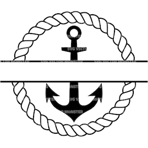 May include: Black and white nautical-themed graphic featuring an anchor design within a rope circle. The design includes horizontal lines for text placement and the text "SVG VECTOR MONSTER".