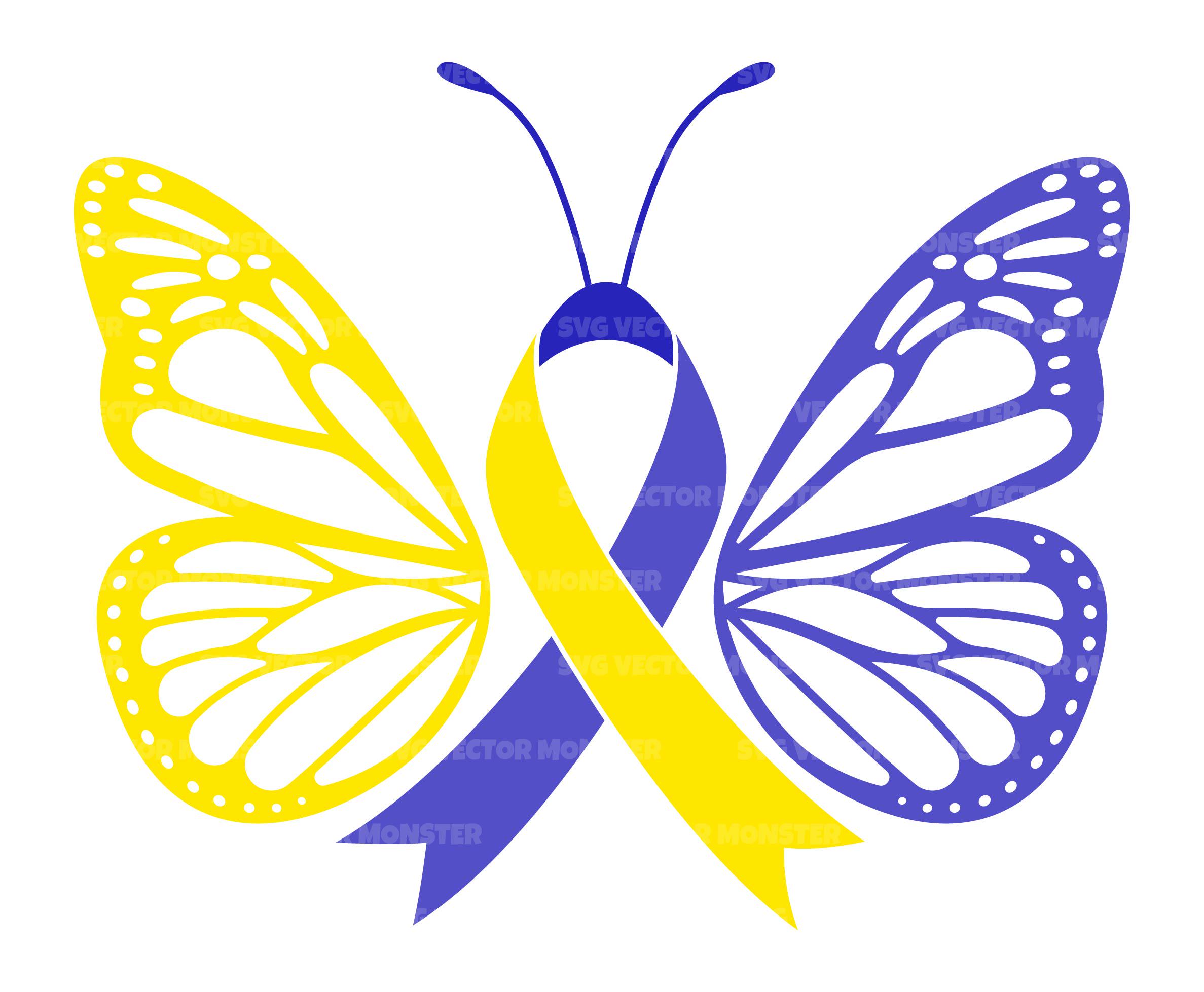 Yellow Blue Ribbon Butterfly Svg, Down Syndrome Awareness. Vector Cut ...