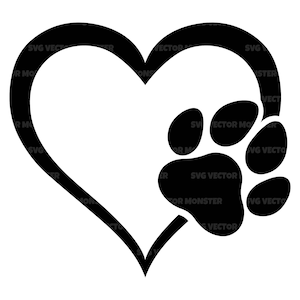 Coeur chien patte impression SVG, coeur dessiné à la main SVG, amour pour animaux de compagnie. Fichier de coupe vectorielle Cricut, Silhouette, Png Dxf Png Pdf, Pochoir, Décalcomanie, Vinyle, Symbole.