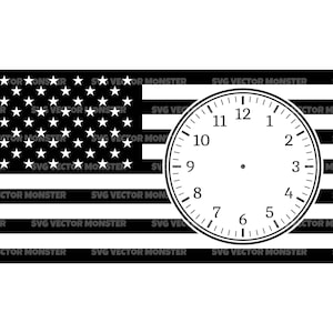 Könnte beinhalten: Schwarz-weiße Grafik der amerikanischen Flagge mit einem Zifferblatt, das überlagert ist. Das Flaggen-Design umfasst Sterne und Streifen. Das Zifferblatt hat die Zahlen 1 bis 12. Der Text 'SVG VECTOR MONSTER' ist sichtbar.