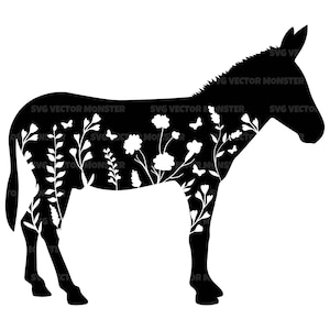 Floral Mule Svg, Flower Mule Svg, Burro Svg. Arquivo de corte vetorial para Cricut, Silhueta, Estêncil, Pdf Png Dxf, Decalque, Adesivo, Decalque