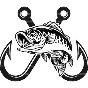 交差した魚の針 SVG、バス釣り SVG、釣り針 SVG、漁師、バスの魚。ベクター カット ファイル Cricut、シルエット、Pdf Png Dxf。