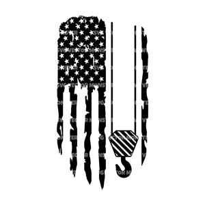 May include: Black and white distressed American flag design with a crane hook. The flag features stars, stripes, and a crane hook, suitable for construction or patriotic themes. The design is suitable for apparel or home decor.