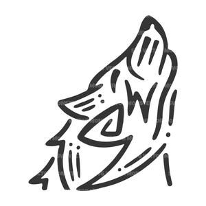 May include: A black and white stylized illustration of a howling wolf. The design features bold, thick lines creating a modern, minimalist aesthetic. The wolf's head is tilted upwards, with its mouth open in a howl.