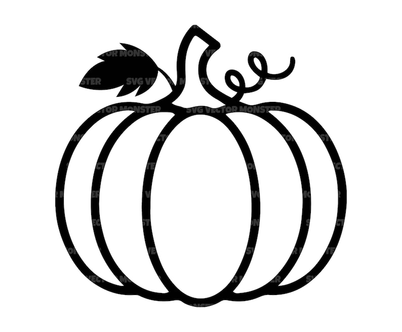 May include: A black and white line drawing of a pumpkin with a stem and a leaf. The pumpkin has three lines to represent the ridges.