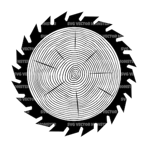 May include: Black and white illustration of a saw blade with a wood grain pattern in the center. The saw blade has sharp teeth around the edge.
