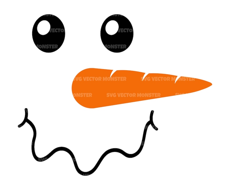 Puede incluir: Una cara de mu&ntilde;eco de nieve simple con ojos negros, una nariz de zanahoria naranja y una boca sonriente negra.