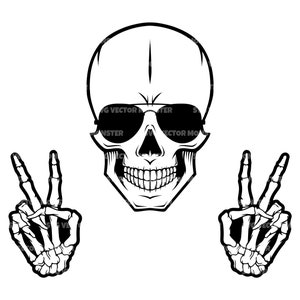 Teschio scheletro segno di pace Svg, segno V Svg. File di taglio vettoriale Cricut, Silhouette, Pdf Png Eps Dxf, Stencil, Decalcomania, Adesivo, Vinile, Pin.