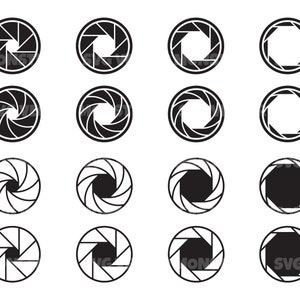 May include: A set of 12 black and white camera aperture icons. The icons are arranged in four rows of three. Each icon is a circle with a different number of blades. The icons are all the same size.