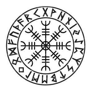 May include: A black and white circular Viking symbol. It features a central cross-like design with eight arms, encircled by runic symbols. The symmetrical design has a clean, minimalist aesthetic, suitable for various applications and designs.