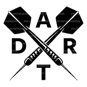Puede incluir: Ilustración en blanco y negro de dos dardos cruzados con la palabra "DART" en letras grandes. La palabra "DART" está centrada en el medio de la imagen.