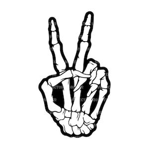 Signe de paix squelette Svg, main de paix squelette, doigt de paix. Fichier de coupe vectorielle Cricut, Silhouette, Pdf Png Eps Dxf, Décalcomanie, Autocollant, Vinyle, Épingle.