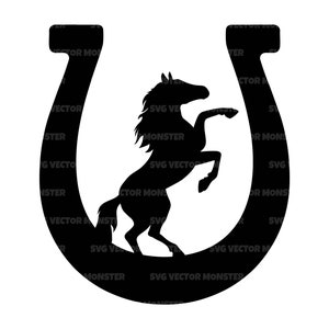 May include: Black silhouette of a horse standing inside a horseshoe. The horse is rearing up on its hind legs with its front legs in the air.