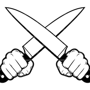 May include: Two black and white knives crossed in the shape of an 'X' with each knife held by a clenched fist.