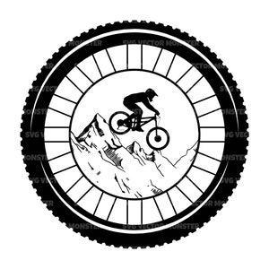 Svg de vélo de montagne, Svg de roue de vélo, Svg de VTT, Svg d'équipement de cycle, vététiste. Fichier de coupe vectorielle Cricut, Silhouette, Pdf Png Dxf, pochoir.