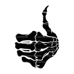 May include: Black and white silhouette of a skeleton hand giving a thumbs up gesture.