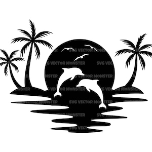 Delfin dafür, Palme Blatt, Sonnenuntergang am Strand, Strand Vibes. Vektor-Schnittdatei Cricut, Silhouette, Pdf Png Dxf.