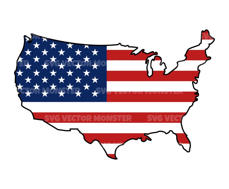 May include: An outline of the United States of America in the shape of a map, filled with the colors of the American flag. The flag is red, white, and blue with 13 horizontal stripes and 50 white stars on a blue field.