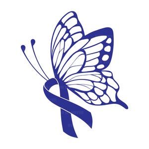 May include: A blue butterfly with a blue ribbon tied around its body. The butterfly is flying with its wings spread out.