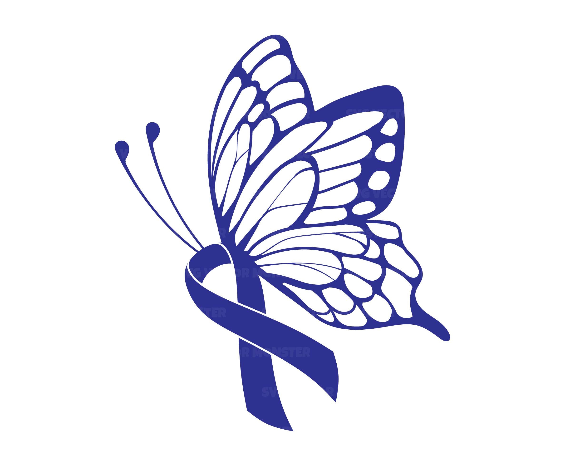 Borboleta de Fita Azul Escuro Svg, Conscientização sobre o Câncer Colorretal, Luta contra o Câncer, Guerreiro. Arquivo de Corte Vetorial Cricut, Silhueta, Pdf Png Dxf.