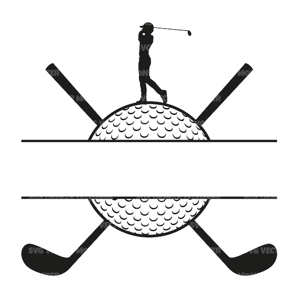 Monogramme de golf SVG, Golfeur SVG, Clubs de golf croisés Cadre de nom divisé SVG. Fichier de coupe vectorielle Cricut, Silhouette, Pdf Png Eps Dxf, Décalcomanie, Autocollant.