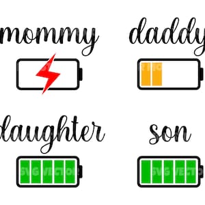 Family Battery Svg Bundle, Mommy Low Battery, Daddy Low Battery. Vector Cut file Cricut, Silhouette, Pdf Png Eps Dxf, Decal, Sticker, Vinyl