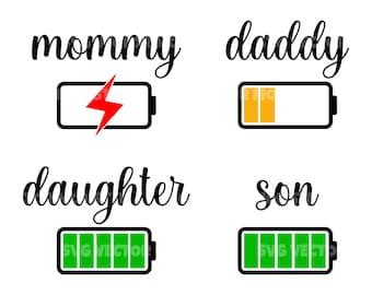 Family Battery Svg Bundle, Mommy Low Battery, Daddy Low Battery. Vector Cut file Cricut, Silhouette, Pdf Png Eps Dxf, Decal, Sticker, Vinyl