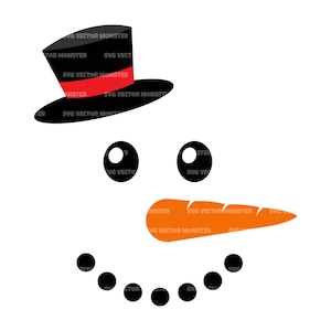 Puede incluir: Una cara de muñeco de nieve blanca con un sombrero de copa negro y una banda roja. El muñeco de nieve tiene dos ojos negros, una nariz de zanahoria y una boca hecha de seis botones negros.