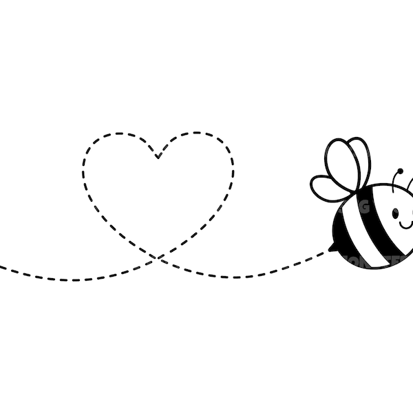 Bumblebee Svg with Heart Dashed Line Path, Love Svg. Vector Cut file for Cricut, Silhouette, Pdf Png Eps Dxf, Decal, Sticker, Vinyl, Pin