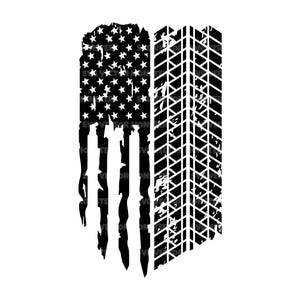 May include: Black and white graphic design featuring a distressed American flag and a tire track. The flag has white stars and stripes, with a worn, textured appearance. The tire track is a vertical rectangle with a repeating pattern.