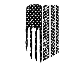 May include: Black and white graphic design featuring a distressed American flag and a tire track. The flag has white stars and stripes, with a worn, textured appearance. The tire track is a vertical rectangle with a repeating pattern.