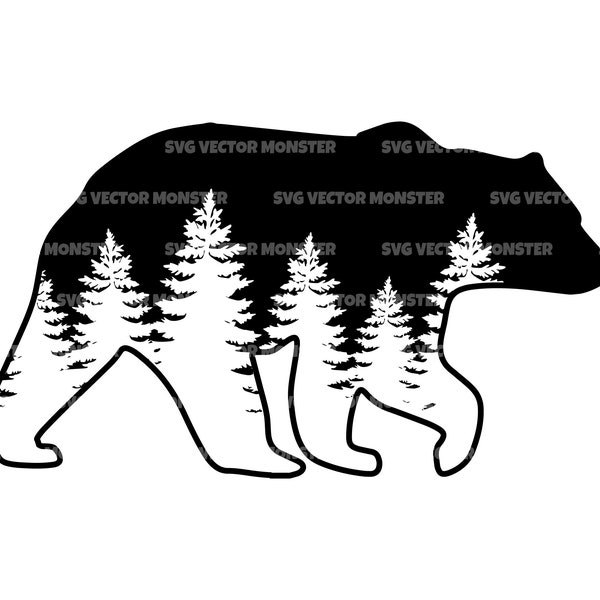 Bear Svg, Forest Svg, Bear in Woods, Bear in Trees. Vector Cut file Cricut, Silhouette, Pdf Png Eps Dxf, Decal, Sticker, Vinyl, Stencil, Pin