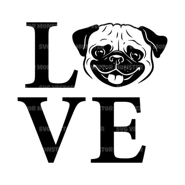 Pug Love Svg,  Pug Dog Lover Svg, Vector Cut file for Cricut, Silhouette, Pdf Png Eps Dxf, Decal, Sticker, Vinyl