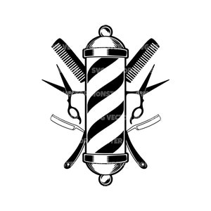 May include: Black and white illustration of a barber pole with crossed barber shears, razors, and combs.