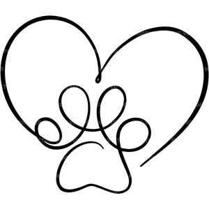 Peut inclure: Un dessin au trait noir et blanc d'une empreinte de patte à l'intérieur d'un cœur.